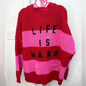 Lazy Oaf "Life Is Hard" Red & Pink Striped Knit Cardigan